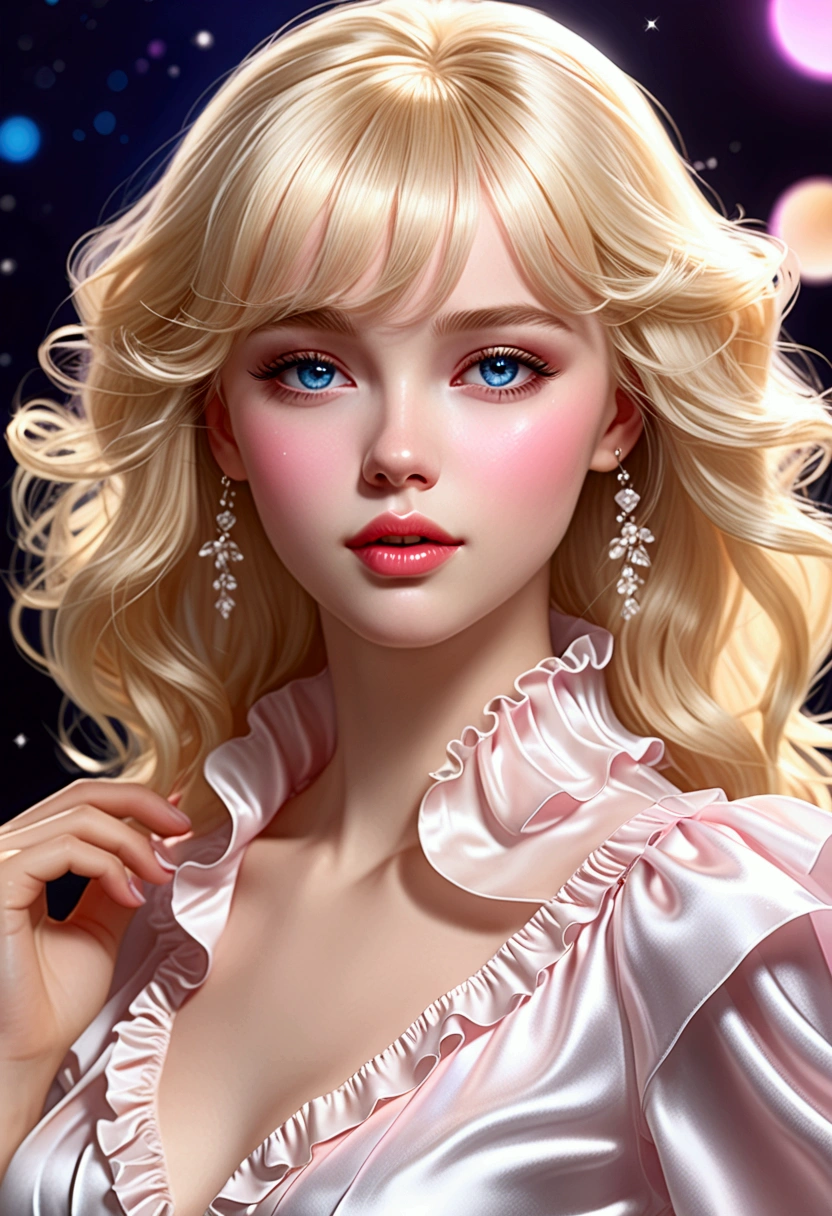 Realistic three-dimensional texture, (Shiny layered wide frill blouse, Off-Solder Pure White Blouse), A woman with a beautiful face, with glossy pale skin and blue eyes., Glossy pink lips, soft starlight, Dance with a dreamy expression as if you are dreaming. (Blonde bangs flowing down the forehead, Full head of hair, Shiny hair), Camera angle capturing the upper body above the hips, clear resolution, Clear picture quality, realistic atmosphere, Bright Themes, 초realistic atmosphere, (vivid silhouette, masterpiece, best quality), Blurry nature background.