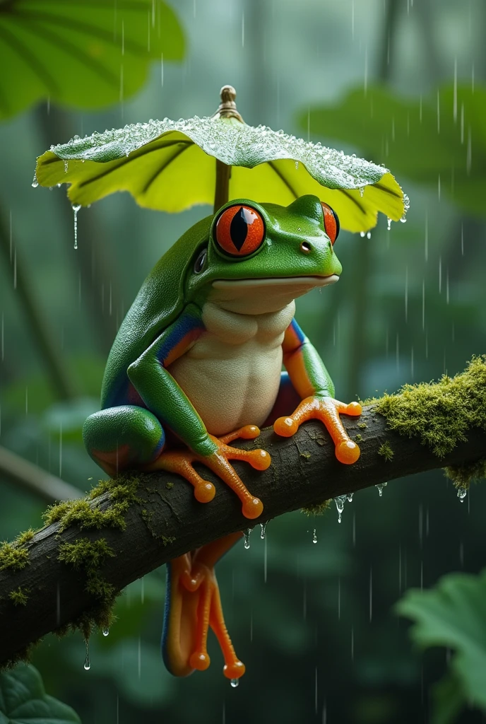 On a branch in the rainforest,Morning dew sparkles,A fat green tree frog,Wearing Chinese clothes,Ultra-realistic,high resolution,It rains,Standing with a lotus leaf umbrella,