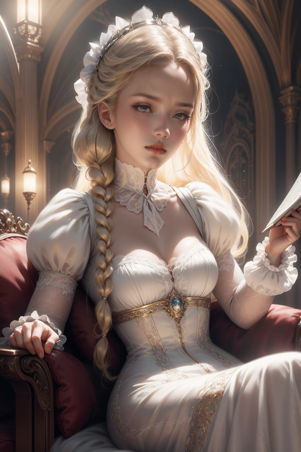 (Masterpiece - Ultra-detailed, very high resolution) Prepare to be enchanted by a true masterpiece that combines ultra-detailed art with high-resolution rendering. This work depicts a mesmerizing woman with very long blond hair (1.3) and captivating gray eyes (1.2), emanating an aura of elegance and mystery in Victorian settings. The intricate details and realistic textures invite you to explore every aspect of this enchanting composition. Woman wearing beautiful classic Victorian costume from the year 1878. Red lips. Happy face. Smiling. white (white) dress. Walking, sitting, laying down, writing, reading, backwads, looking back, upper body, dynamic poses. Get ready to dive into a world where beauty and craftsmanship merge perfectly.