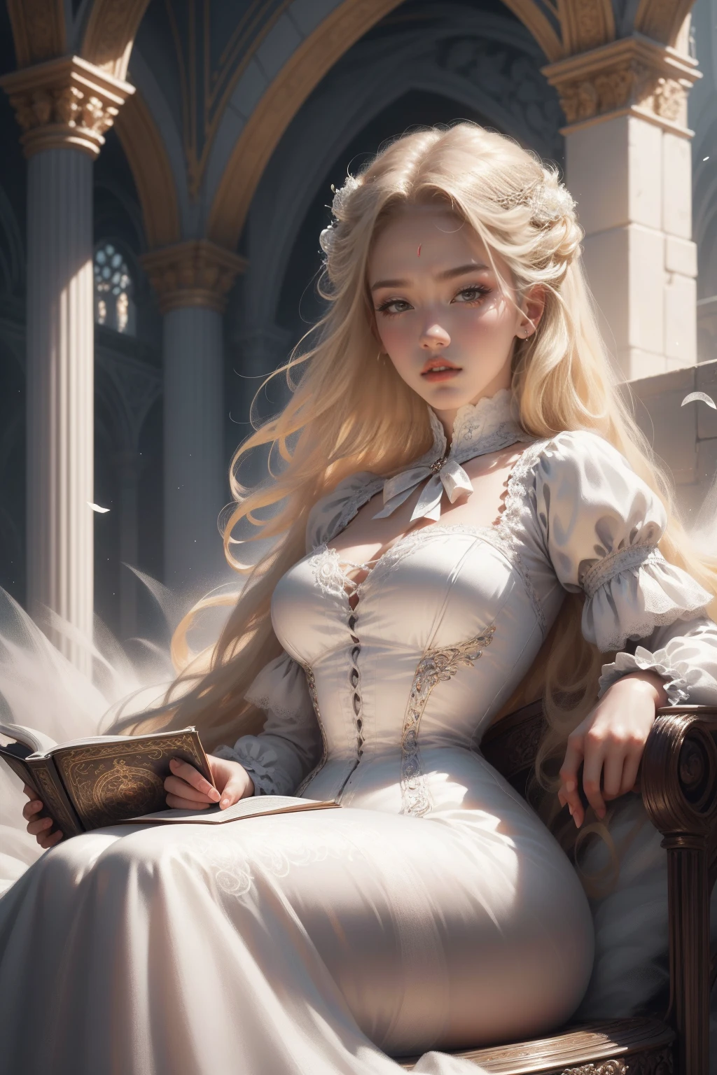 (Masterpiece - Ultra-detailed, very high resolution) Prepare to be enchanted by a true masterpiece that combines ultra-detailed art with high-resolution rendering. This work depicts a mesmerizing woman with very long blond hair (1.3) and captivating gray eyes (1.2), emanating an aura of elegance and mystery in Victorian settings. The intricate details and realistic textures invite you to explore every aspect of this enchanting composition. Woman wearing beautiful classic Victorian costume from the year 1878. Red lips. Happy face. Smiling. white (white) dress. Walking, sitting, laying down, writing, reading, backwads, looking back, upper body, dynamic poses. Get ready to dive into a world where beauty and craftsmanship merge perfectly.