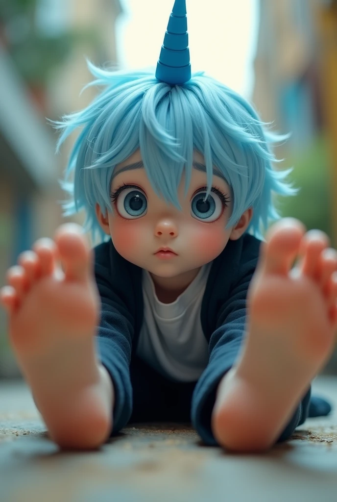 A cute boy showing his stinky feet low angle,barefoot, Foot Focus,White T-shirt,Foot Focus，Sweating on the soles of the feet， Black Hooded Jacket, There are bangs between the eyes,short hair,Light blue hair, Black pants, Anatomically correct, There is a single blue horn in the middle of the head, black eyes, Looking at the audience，Confuse，Sitting on another man&#39;s body，Sitting on his body，Sitting on the audience&#39;s body，Cute boy&#39;s ass sits on another man&#39;s body，Subjective perspective。First Perspective，The boy sits on your body，Sit on your belly，The audience needs to see their own body from the First Perspective，Audience members wearing white shirts，