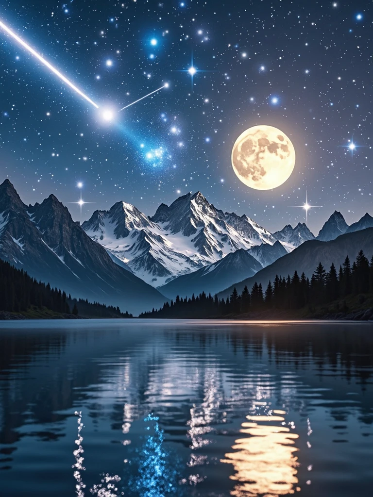 A beautiful sky scene,The night sky is filled with、Stars of varying brightness。Glittering galaxies and nebulae add a splash of color to the deep blue sky,In sharp contrast to the blackness of space。A dazzling meteor streaked across the sky,Breaking the monotony of the sky,Leaving behind a trail of glowing particles。far away,A full moon emits a soft silver light,Illuminating a peaceful silhouetted landscape,Towering mountains and calm lakes reflect the sparkling night sky。Glittering constellations dance around the moon,Each constellation tells a mythical figure and a legendary story。