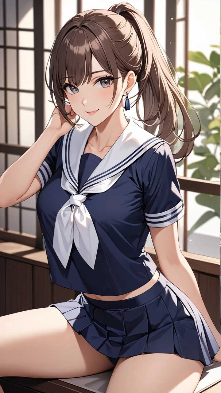 Highest quality masterpiece High resolution masterpiece Brown Bob Grey Eyes, high pony tail cut, wearing sailor uniform, seductive smile, tight, sit, classroo, mature female, adjusting hair, earrings,