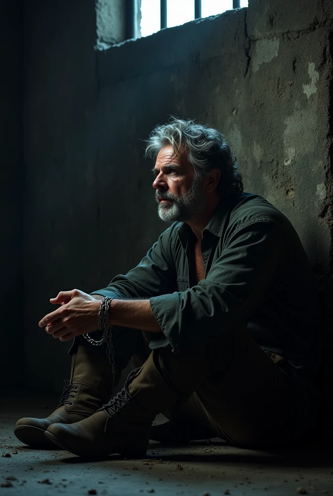 Jean Valjean handcuffed and imprisoned, Remember he is in his 50s or so. He is the protagonist of Les Misérables.