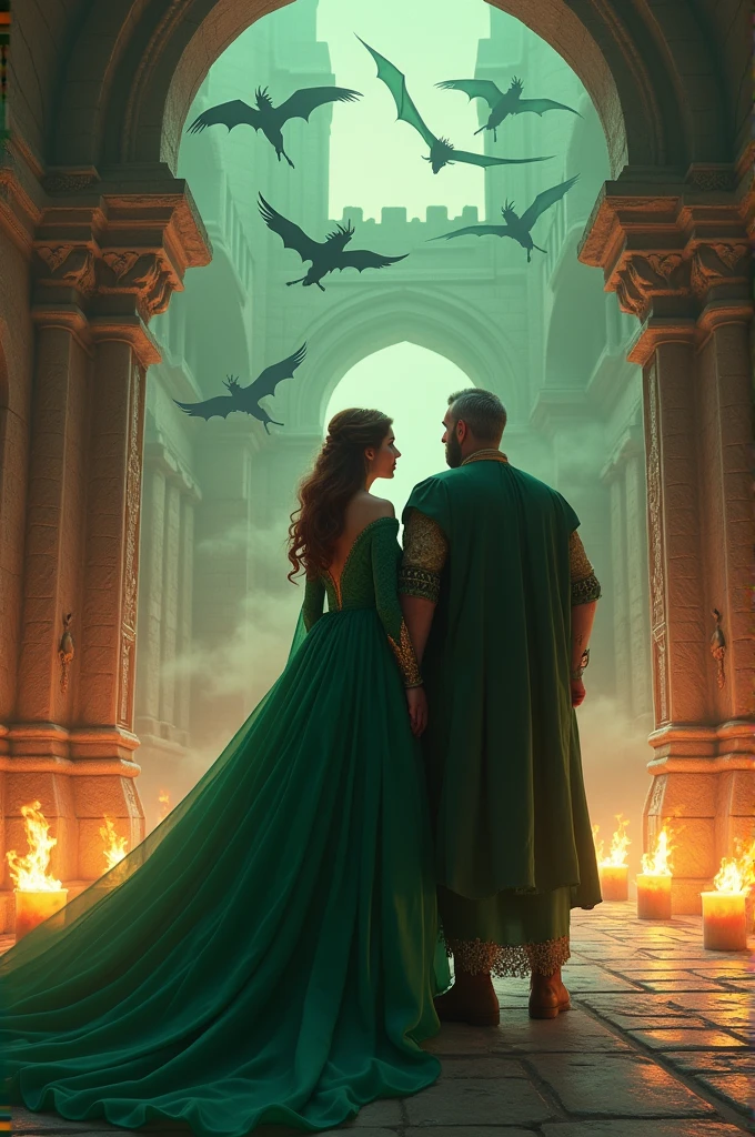 Queen 45 years old, curvy brown hair and green eyes, king beard gray hair. Mistress of dragons