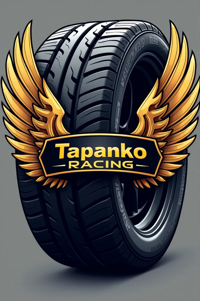 I want a logo for a racing team., that the logo contains a tire in isometric angle, that has a sports car tire and large wings on the edge of the tire and that in the width of the tire or where the tire mark would appear, the name is "Tapanko Racing" with the colors black, Gold and white