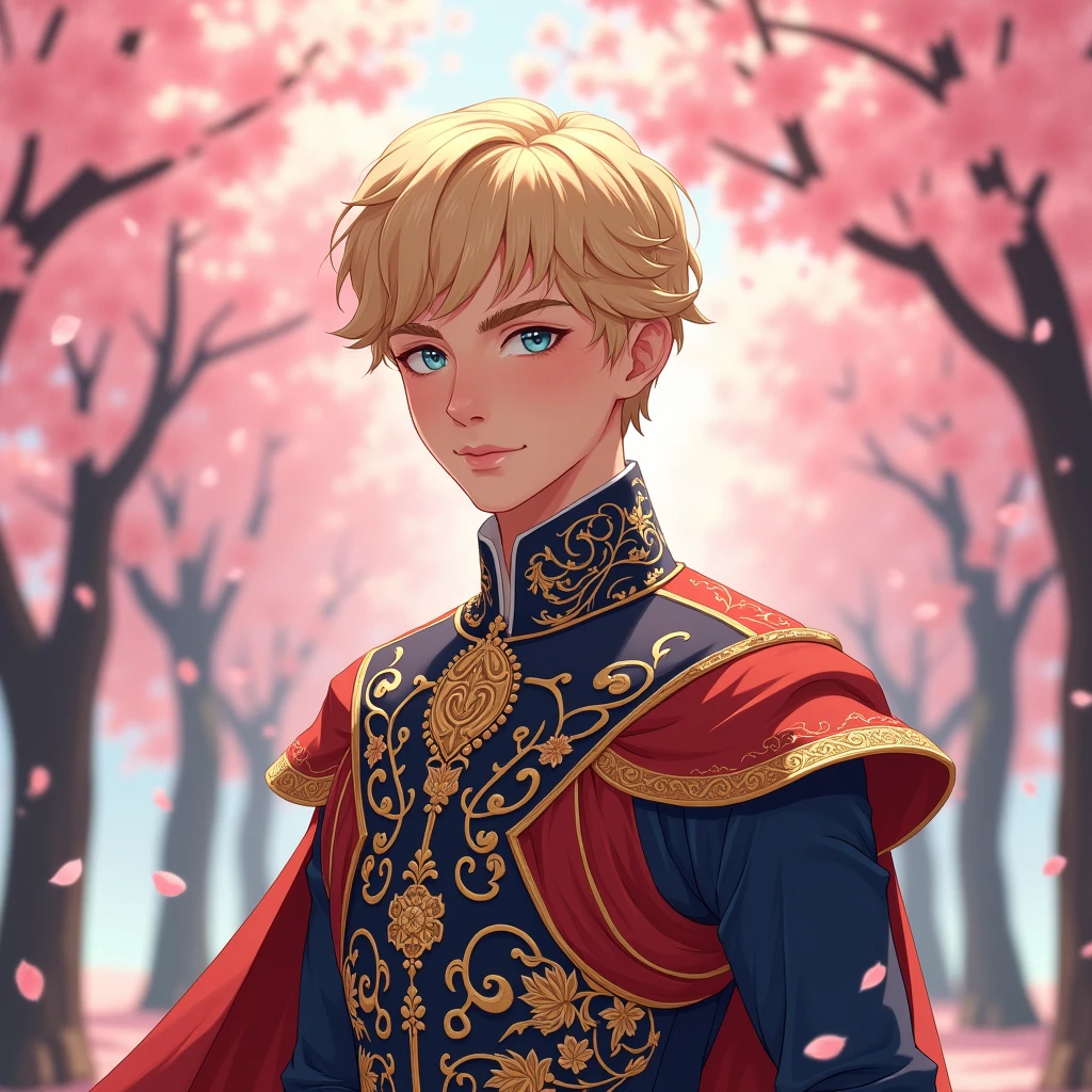 A young man, 22yo, light blonde hair, short hair, white skin, blue eyes, royal clothes, a prince clothes, a spring background with cherry trees. (Do it with a style similar to the game love and deepspace). Semi realist