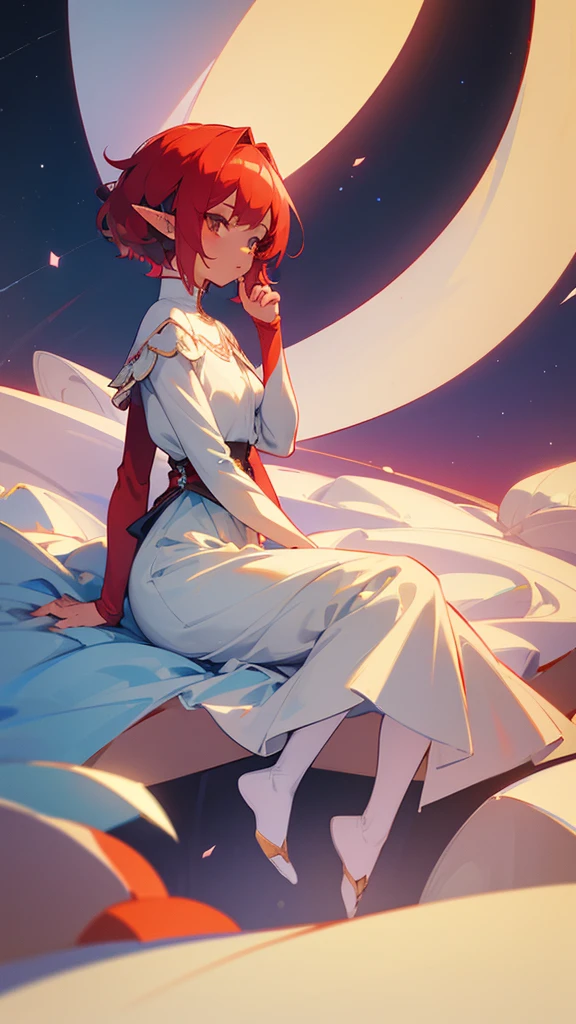 (1 girl), (of the highest quality,4k,8k,masterpiece:1.2),2.5D, girl , elf, hair rose, withe dress, background black and red, White skin, by the whites, short hair, pointy ears, look at the sky, sitting