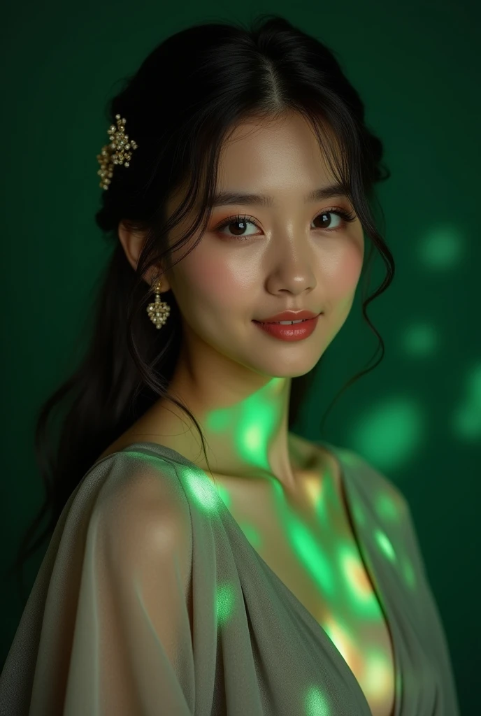 best quality, masterpiece,((text "LOVE" in front object, big font, green text)) highres, 1girl, transparent silk china dress, beautiful face, hair ornament, looking at viewer, smile, closed mouth,lips, dress,hair ornament, necklace, jewelry, long hair, earrings, Beautiful face,upon_body, tyndall effect,photorealistic, dark studio, rim lighting, two tone lighting,(high detailed skin:1.2), 8k uhd, dslr, soft lighting, high quality, volumetric lighting, candid, Photograph, high resolution, 4k, 8k, Bokeh photo-realistic, 8k, highly detailed, full length frame, High detail RAW color art, diffused soft lighting, shallow depth of field, sharp focus, hyperrealism, cinematic lighting, a woman in a beautifully makeup, eyeshadow, beautiful big eyes, long eye lashes, wearing (Gray satin), loosely tide, ((Taupe satin kaftan)), 