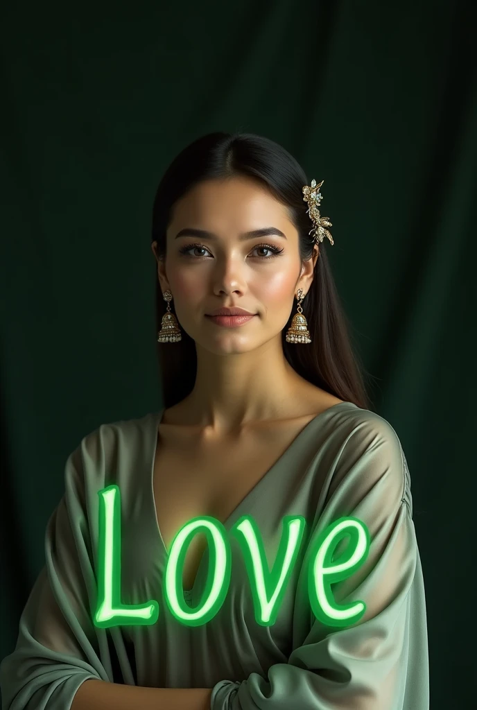 best quality, masterpiece,((text "LOVE" in front object, big font, green text)) highres, 1girl, transparent silk china dress, beautiful face, hair ornament, looking at viewer, smile, closed mouth,lips, dress,hair ornament, necklace, jewelry, long hair, earrings, Beautiful face,upon_body, tyndall effect,photorealistic, dark studio, rim lighting, two tone lighting,(high detailed skin:1.2), 8k uhd, dslr, soft lighting, high quality, volumetric lighting, candid, Photograph, high resolution, 4k, 8k, Bokeh photo-realistic, 8k, highly detailed, full length frame, High detail RAW color art, diffused soft lighting, shallow depth of field, sharp focus, hyperrealism, cinematic lighting, a woman in a beautifully makeup, eyeshadow, beautiful big eyes, long eye lashes, wearing (Gray satin), loosely tide, ((Taupe satin kaftan)),