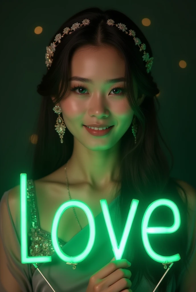 best quality, masterpiece,((text "LOVE" in front object, big font, green text)) highres, 1girl, transparent silk china dress, beautiful face, hair ornament, looking at viewer, smile, closed mouth,lips, dress,hair ornament, necklace, jewelry, long hair, earrings, Beautiful face,upon_body, tyndall effect,photorealistic, dark studio, rim lighting, two tone lighting,(high detailed skin:1.2), 8k uhd, dslr, soft lighting, high quality, volumetric lighting, candid, Photograph, high resolution, 4k, 8k, Bokeh photo-realistic, 8k, highly detailed, full length frame, High detail RAW color art, diffused soft lighting, shallow depth of field, sharp focus, hyperrealism, cinematic lighting, a woman in a beautifully makeup, eyeshadow, beautiful big eyes, long eye lashes, wearing (Gray satin), loosely tide, ((Taupe satin kaftan)),