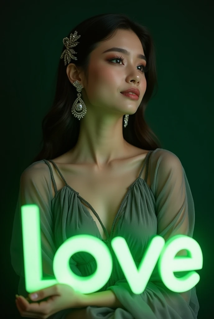 best quality, masterpiece,((text "LOVE" in front object, big font, green text)) highres, 1girl, transparent silk china dress, beautiful face, hair ornament, looking at viewer, smile, closed mouth,lips, dress,hair ornament, necklace, jewelry, long hair, earrings, Beautiful face,upon_body, tyndall effect,photorealistic, dark studio, rim lighting, two tone lighting,(high detailed skin:1.2), 8k uhd, dslr, soft lighting, high quality, volumetric lighting, candid, Photograph, high resolution, 4k, 8k, Bokeh photo-realistic, 8k, highly detailed, full length frame, High detail RAW color art, diffused soft lighting, shallow depth of field, sharp focus, hyperrealism, cinematic lighting, a woman in a beautifully makeup, eyeshadow, beautiful big eyes, long eye lashes, wearing (Gray satin), loosely tide, ((Taupe satin kaftan)),