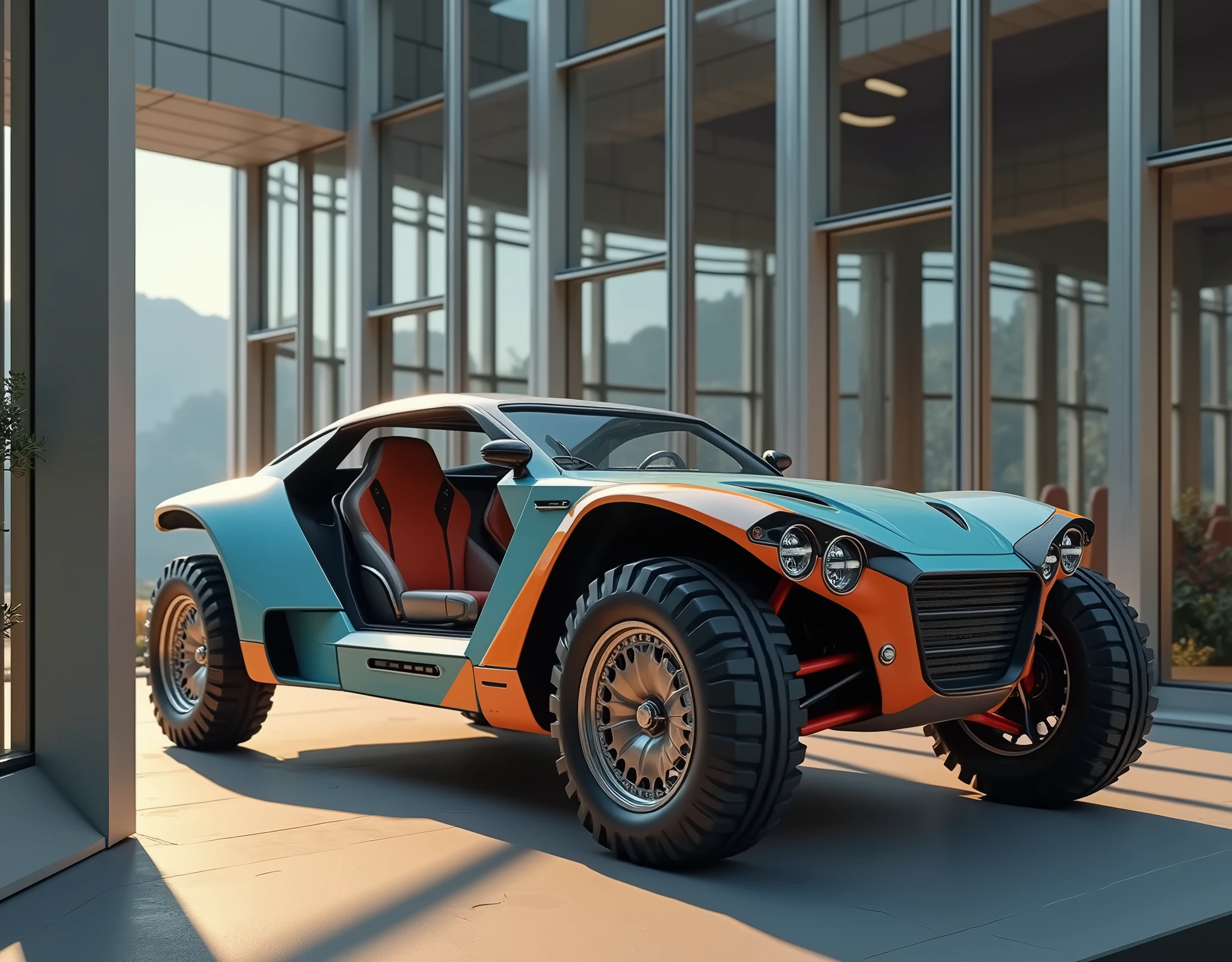 there is a car that is parked in a building with a lot of windows, daniel maidman octane rendering, octane ray tracing, hyper real render, wojtek fus, octane highly render, octane cgsociety, 8 k octane detailed render, 8k octane 3d render, buggy, octane 8 k render, octane 8k render, octane renderer. cgsociety