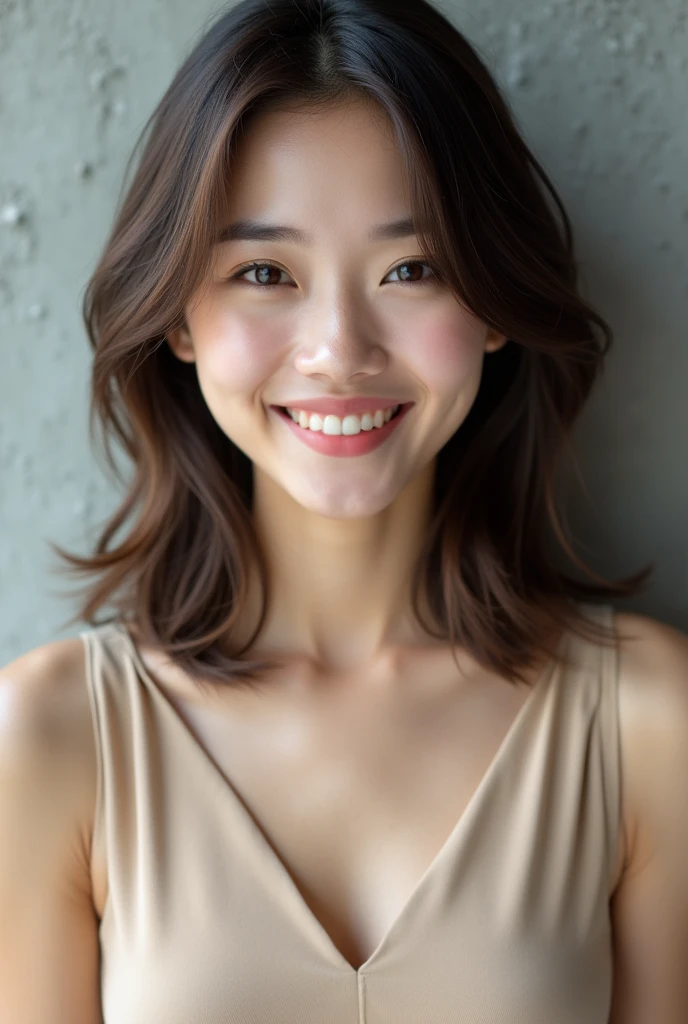 Cool Beauty、Beautiful Japanese、糸のようHair、Semi-long, below shoulder length、Olive brown hair color、Less hair volume、The body is oblique、The gaze is on the camera、smile、Beige cut and sew、Has a sharp gaze、Clear and straight nose、Background is simple concrete、Lightweight hairstyle、gloss々Hair、Straight Hair、Sharp eyebrows without waves、Straight hair ends