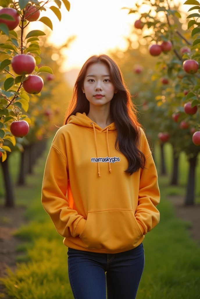 Beautiful white Korean woman with clean, smooth skin wearing a yellow orange hoodie, mamaskygibs logo, dark blue jeans, sandals, looking straight ahead picking apples, apple tree, with apple orchard in the background, original photo