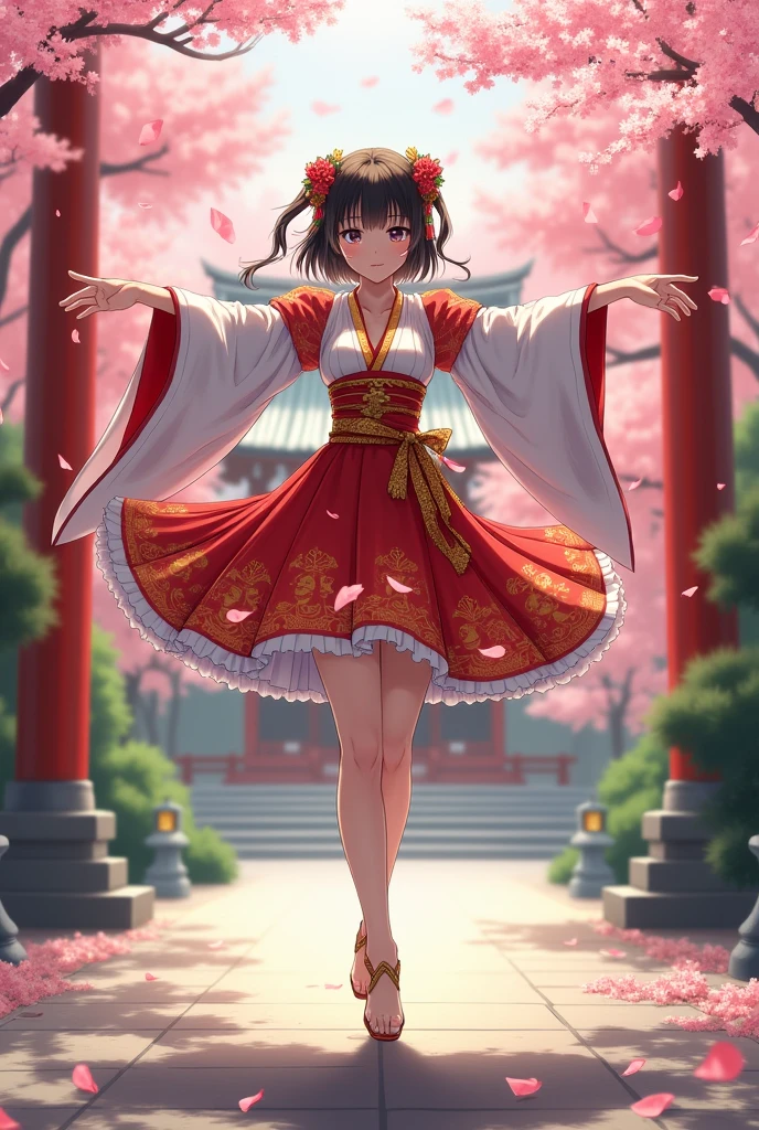 Stand on one leg with arms outstretched、Anime Style、Shrine maiden