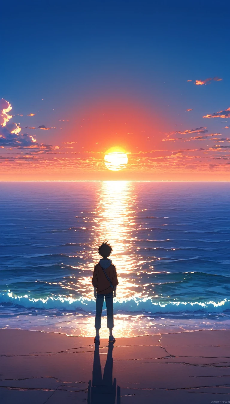 Beautiful and serene anime landscape, ((with clean sky bintage effect)), sunset ((without clouds)), dreamy, incredible. A boy looking towards the empty horizon, an incredible clear sky, The image shows a young male anime character contemplating the ocean at sunrise, with a backdrop of a vibrant blue sky and red and orange hues from the sun.fascinating, dreamy, surreal, well detailed, photoshop, anime-realistic, anime landscape wallpaper, landscape anime, anime landscape wallpapers, anime beautiful scene peace, beautiful anime landscape, anime sky anime. by makoto shinkai, Rhads and Lois Van Baarle, makoto shinkai cyril rolando, anime background art, 4k anime art wallpaper, clear sky