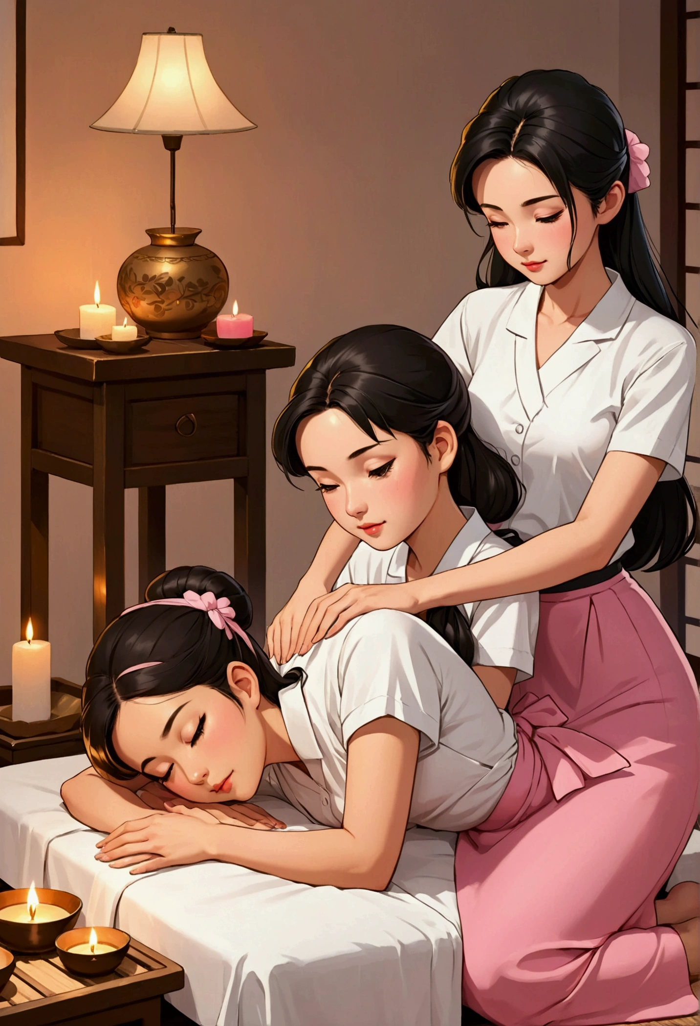 create an idyllic image of two women in love in anime illustration style, one is a beautiful and shy Asian with long black hair, dressed in a 50s style with a white shirt and a pink skirt who is sitting sideways, giving an innocent and relaxing Thai massage to a beautiful and sweet young British woman with light brown hair tied in a bun, who is lying on a stretcher covered with a white sheet and only with her back uncovered receiving her massage, the atmosphere is cozy and full of scented candles