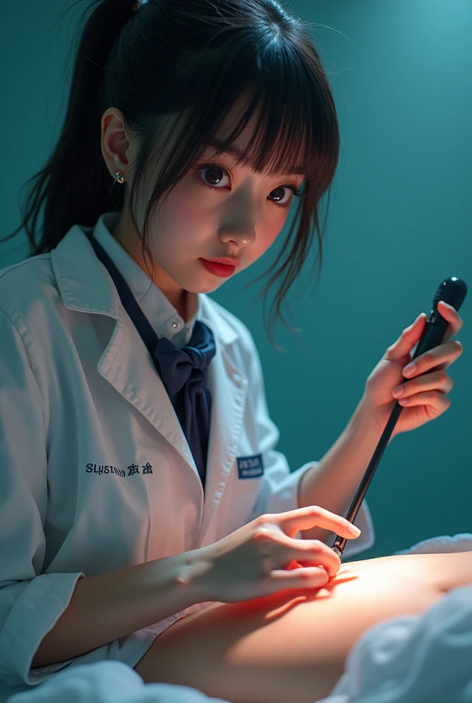 masterpiece, highest quality, (solo focus), (perfect face:1.1), (high detail:1.1), (hyper detailed eyes),Male patientはドギースタイル、Bright torture chamber、High School Uniform、1XGALX Mistress 、performing colonoscope insertion、（Sadistic schoolgirl inserts colonoscope into patient&#39;s anus:2）、1XG Member Mistress with Colonoscopy、A crazy smile、Look at viewers、He enjoys inserting a colonoscope into his patient&#39;s anus.