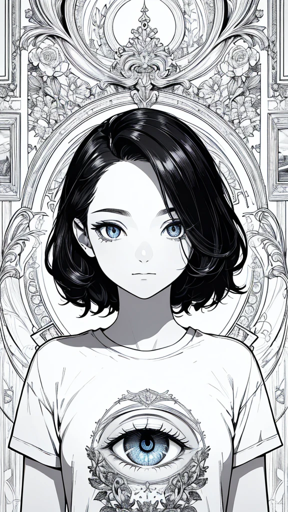 (surrealist), (8k), (very detailed), (best illustration), (beautiful and delicate eyes), (best quality), (very detailed), (masterpiece), (wallpaper), (detailed face), alone, (t-shirt:1.1), Looking at the audience, exquisite details, short hair, black hair, closed mouth, forehead,