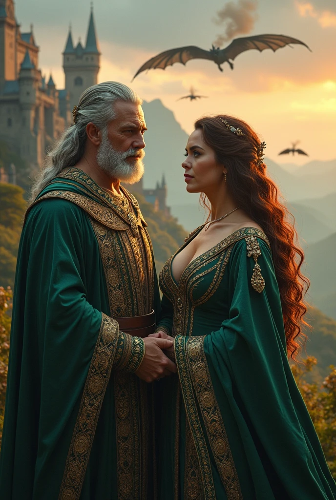 Queen 45 years old, curvy brown hair and green eyes, king beard gray hair. Mistress of dragons