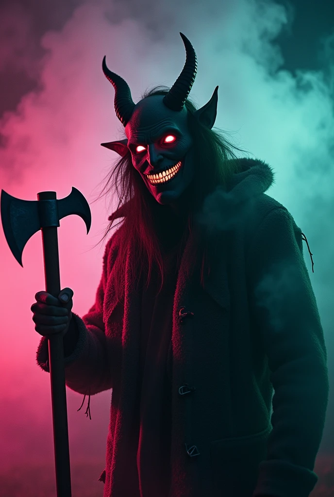 Creepy Man with devil's cursed horns with  red eyes and creepy axe in hand looking so scary with devils small creepy
smile and wollen full jacket

With pink, violate and green neon snokeybackground 
