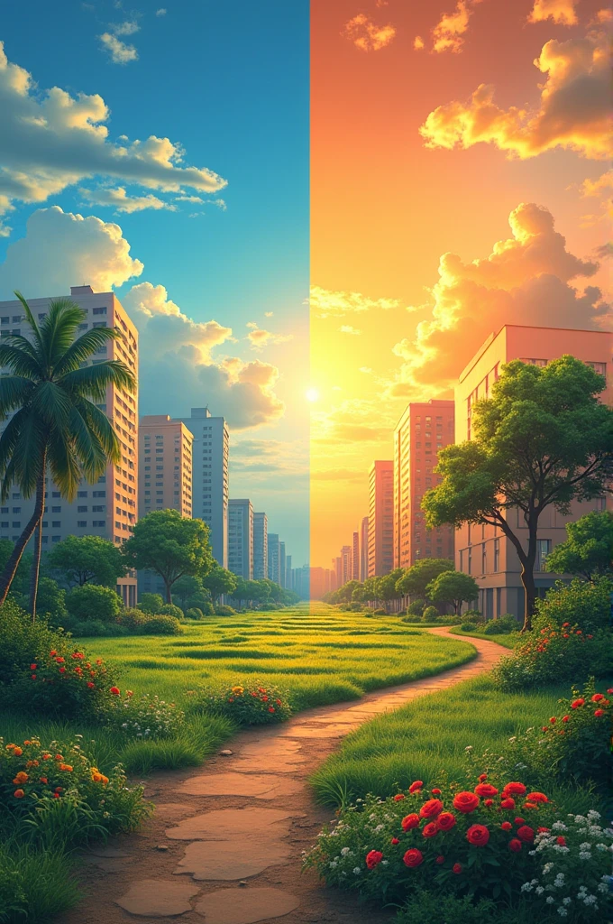 Create a image showing similar things between urban and rural areas like peace love