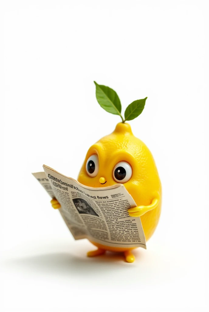 Young lemon reading from a newspaper with a white background 
