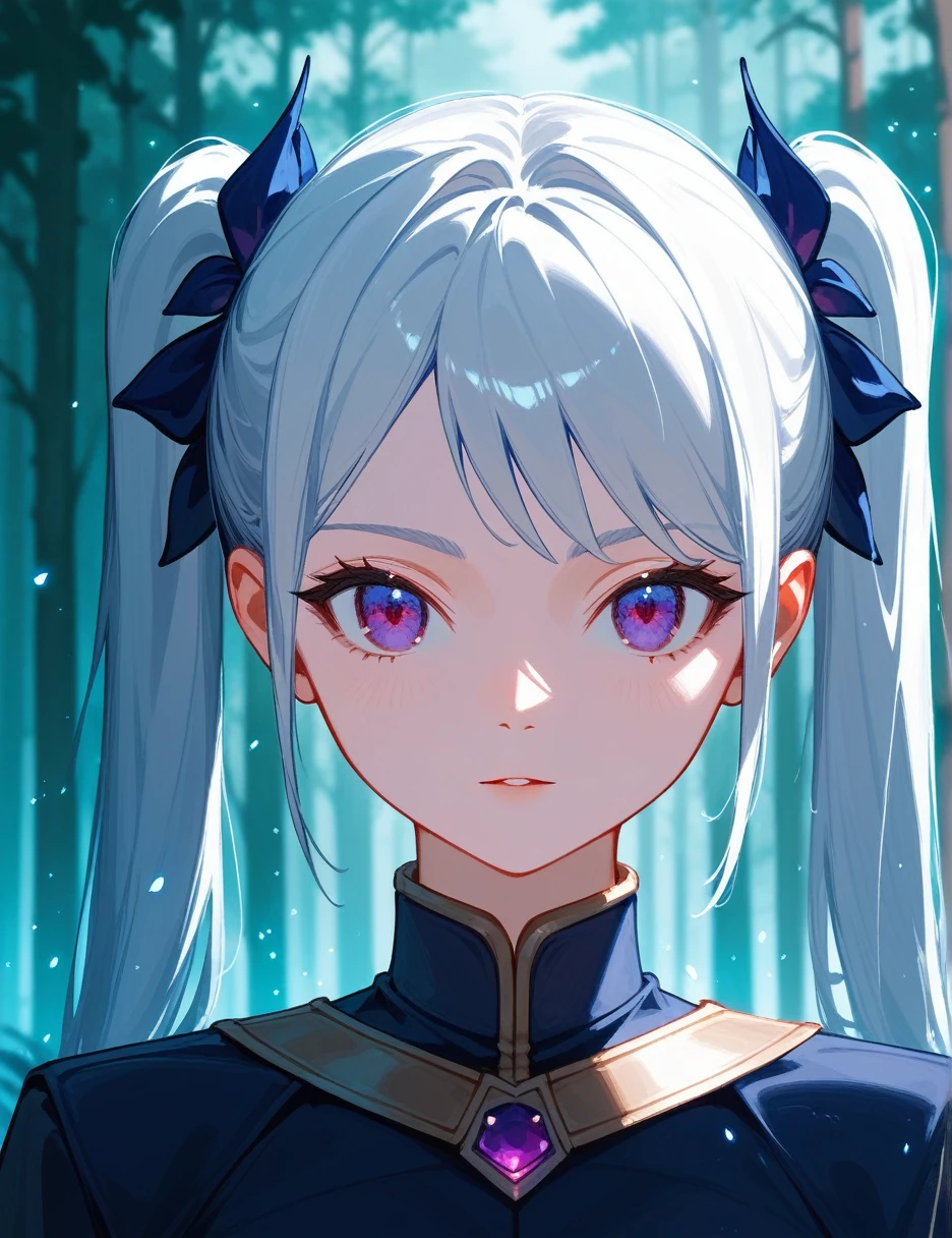 (masterpiece:1.2), best quality, Anime style portrait, Frieren from Frieren: Beyond Journey's End, front view, clear facial details, half-body shot. Silver hair, double ponytails, framing youthful face. Large, expressive purple eyes with a hint of ancient wisdom. Delicate elven features, serene expression. Highly saturated colors, rich and vivid expressions. Misty forest background with glowing magical particles. Delicate brushstrokes, staggered light and shadow, clear lines.