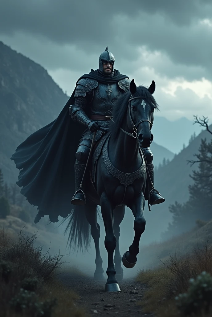 a dark knight riding a horse
