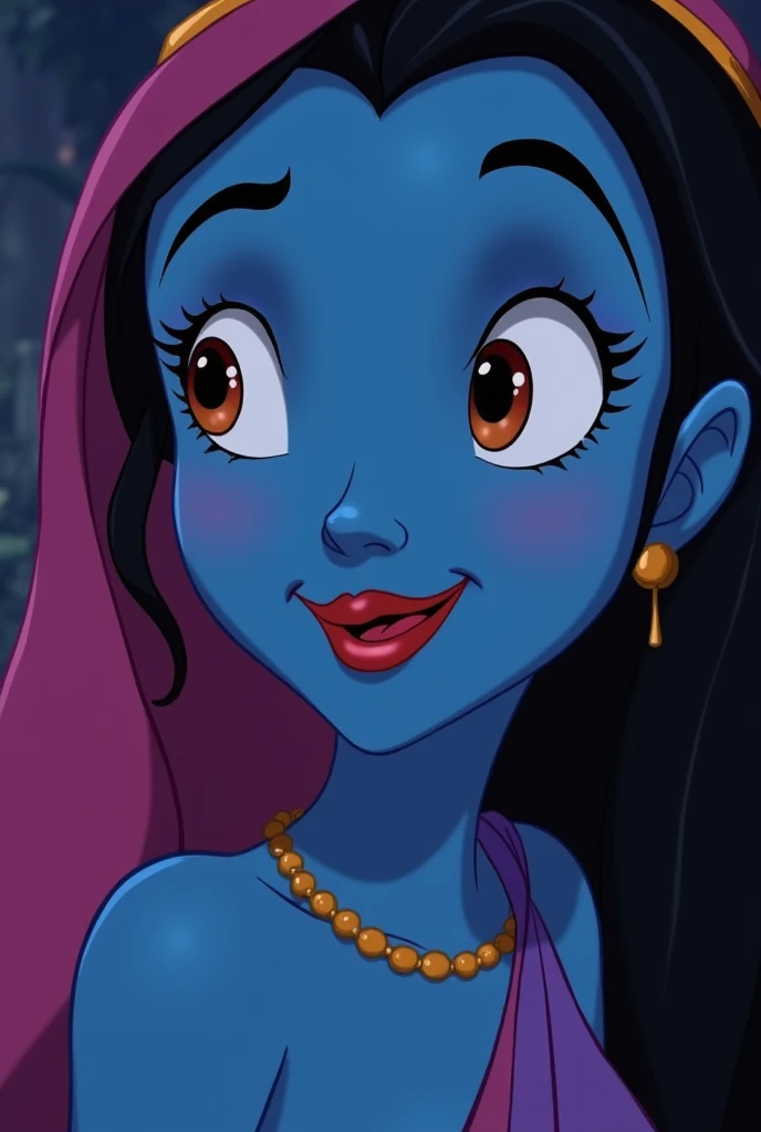 Close-up of Aladdin, the main character in the Disney film Aladdin, and Genie, the jolly lamp fairy. Close-up of Genie the Lamp Fairy. Jeanie the Lamp Fairy faces many adventures as Aladdin's master. Genie's expression is curious, super energetic and good at telling jokes. She is a friendly lamp fairy who always makes everyone around her feel at ease. She begs for freedom to escape from the lamp where she belongs. Jeannie is a big, macho man with a blue body. He specialises in the ability to transform into anything. He inhabits a lamp and when he rubs it, smoke comes out of the lamp's mouth. His mouth is supposed to be wide open, reflecting the surreal world of the desert kingdom of Agrabah. The jolly lamp fairies Jeannie, Aladdin and the Wizard. The lighting is soft yet dramatic.
