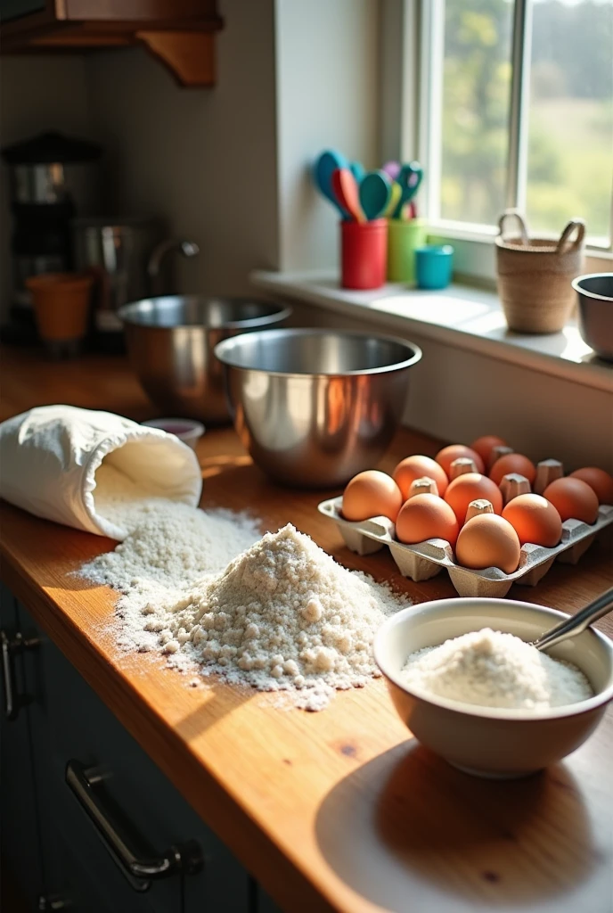 cake ingredients with utensils