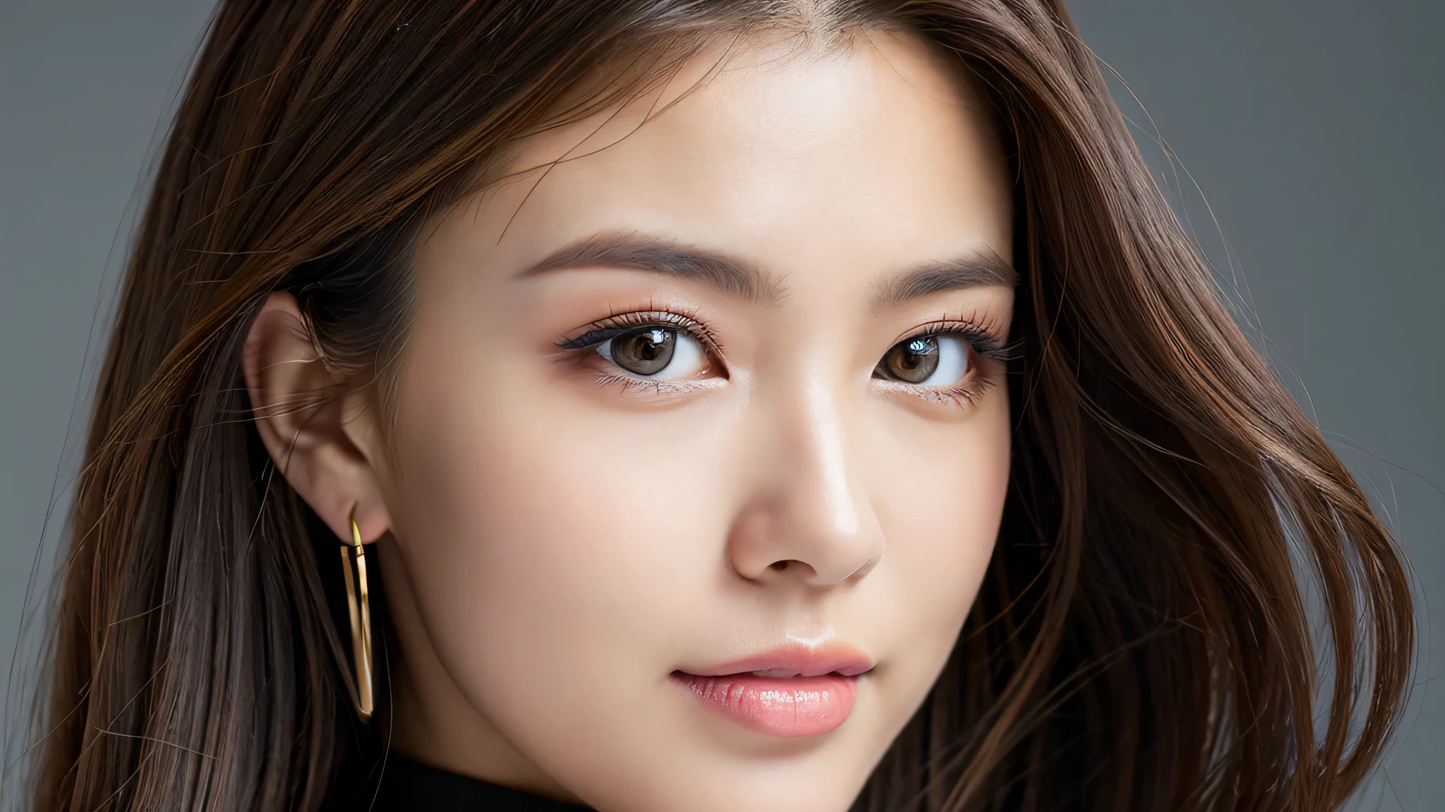 (Detailed face),vivid,turtleneck office suit,4K,Ultra-high resolution,(Photorealistic:1.7),Gray background,Long Hair,