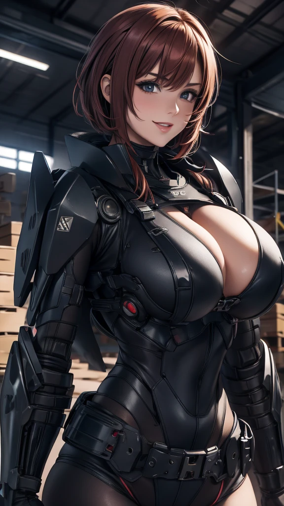 Be quiet，View items in the warehouse，The warehouse is full of supplies，It was pitch black，End of the World，Adult women，youth，Short red hair，look around，Wearing an exquisite dark gray mecha suit，Armor suit with huge and thick limbs，Only the male youth’s hair and face are exposed，Close-up of upper body，Large Breasts，sexly，Smile，lipstick