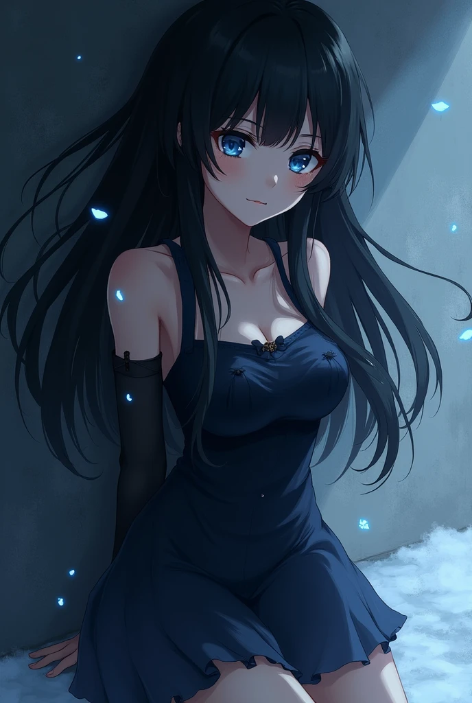 An anime girl, ruffled long hair, black hair, beautiful, lazy look, bored eyes, dress, half body, cold, dark theme, cool pose