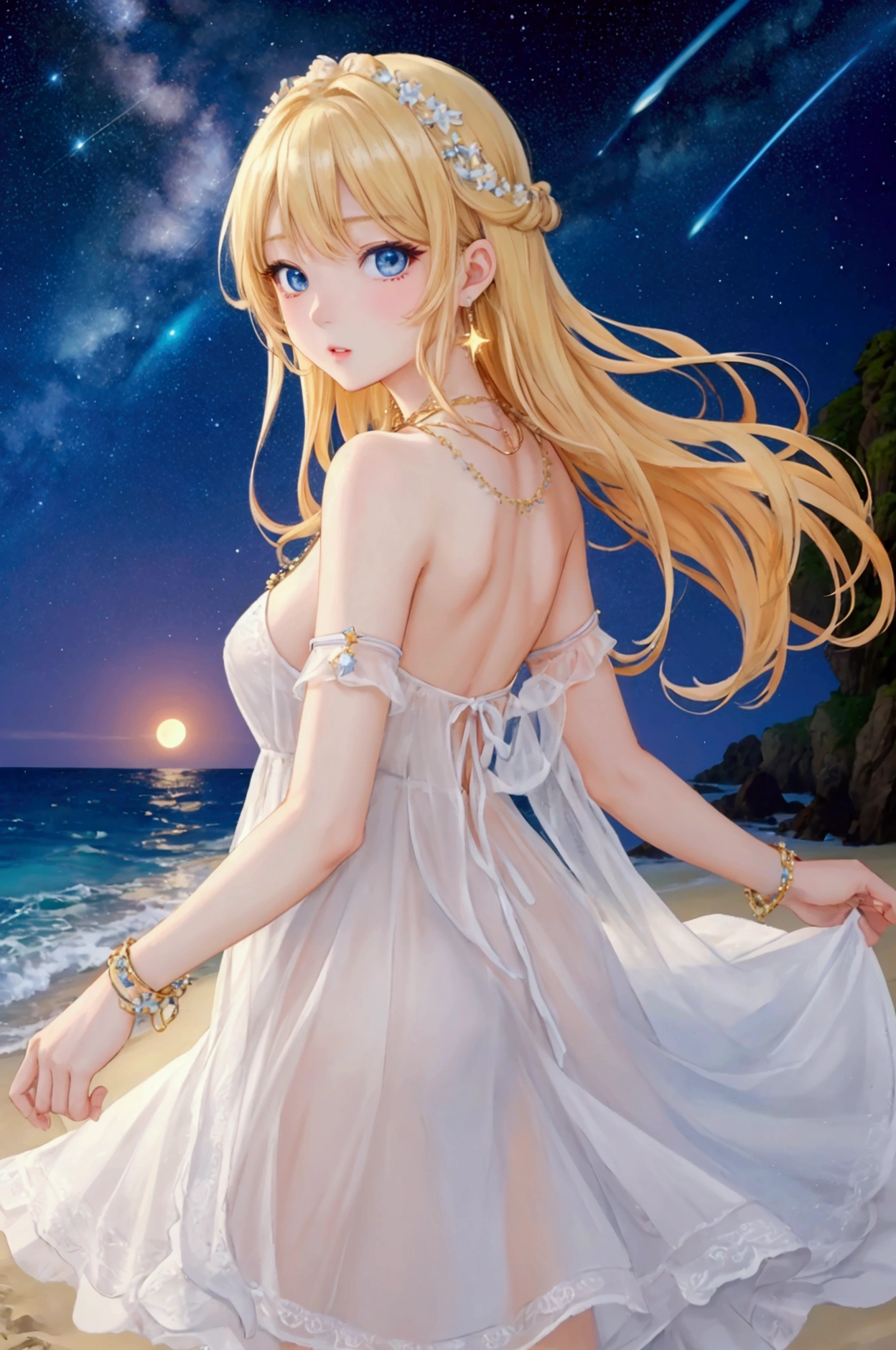 (masterpiece、Highest quality、8k、High resolution)、(The best beautiful girl)、Best Style、(The most beautiful face)、Clear skin、Clean blue eyes、Beautiful lips、Beautiful nose、Blonde Hair、Ample breasts、Walking on the sand、look back、Ocean、You can see the forest、A bright night with stars visible、Beautiful starry sky、milky way、(体whole bodyから神秘的な光の粒子、Colorful Light)、The face looks beautiful、(jewelry、necklace)、dress、(whole body)、Highly detailed anime art、A complete portrayal、