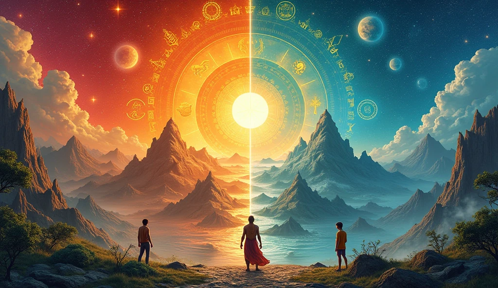 A detailed infographic depicting the four Yugas in Hindu cosmology: Satya Yuga, Treta Yuga, Dvapara Yuga, and Kali Yuga. The graphic should show: