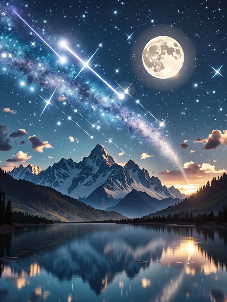 A beautiful sky scene，The night sky is filled with、Stars of varying brightness。Glittering galaxies and nebulae add a splash of color to the deep blue sky，In sharp contrast to the blackness of space。A dazzling meteor streaked across the sky，Breaking the monotony of the sky，Leaving behind a trail of glowing particles。far away，A full moon emits a soft silver light，Illuminating a peaceful silhouetted landscape，Towering mountains and calm lakes reflect the sparkling night sky。Glittering constellations dance around the moon，Each constellation tells a mythical figure and a legendary story。
