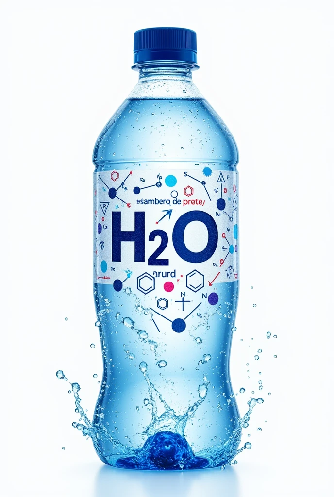 (photorealism:1.2), logo for a bottle of water, that includes scientific concepts, like h2o, using the name of math and science contest: meeting of brilliant minds, using bright colors, symbols related to chemistry and mathematics, all inside the logo