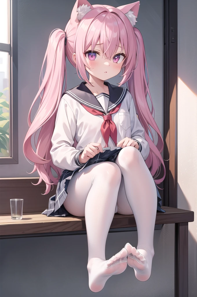 1girl, cat girl, children, Cat ears, grey hair, streaked hair, pink hair, long hair, hair between eyes, twintails, sailor collar, 
highly_detailed, Beautiful eyes, extremely_detailed_CG_unity_8k_wallpaper, highres, absurdres, beautiful_detailed_eyes, finely_detailed_clothing, finely_detailed_light, highly_detail_hair_, 
colorful, light rays, caustics, aistics, lens flare, bokeh, nsfw, A small chest, pink eyes, White pantyhose, JK Uniform Plaid Skirt, school uniform, Light pink mini skirt, ruffle, blush, Show off your feet, No shoes on,
score_anime, score_9, score_8_up, masterpiece, beautiful scenery, illustration,