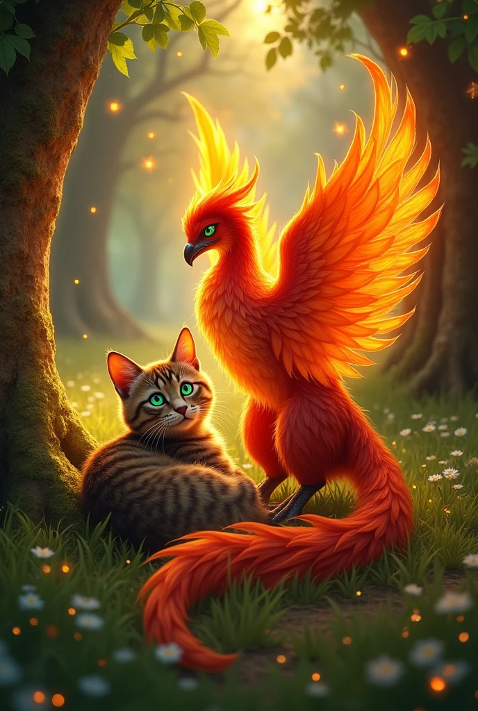 Create a cat next to a fire phoenix 