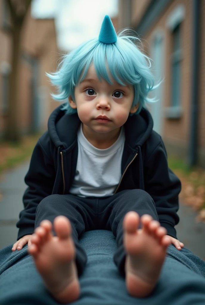 A cute boy showing his stinky feet low angle,barefoot, Foot Focus,White T-shirt,Foot Focus，Sweating on the soles of the feet， Black Hooded Jacket, There are bangs between the eyes,short hair,Light blue hair, Black pants, Anatomically correct, There is a single blue horn in the middle of the head, black eyes, Looking at the audience，Confuse，Sitting on another man&#39;s body，Sitting on his body，Sitting on the audience&#39;s body，Cute boy&#39;s ass sits on another man&#39;s body，Subjective perspective。First Perspective，The boy sits on your body，Sit on your belly，The audience needs to see their own body from the First Perspective，Audience members wearing white shirts，