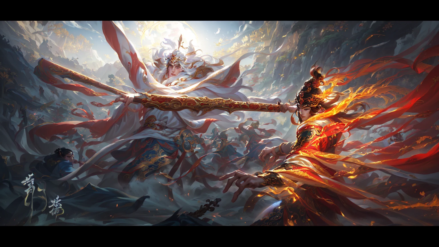 There is a painting,The painting shows a monkey attacking Buddha with fire, author:Yang J, The legendary god holds a spear, Inspired by Fenghua Zhong, Onmyoji detailed art, Game concept art, sun wukong, heise jinyao, Inspired by Chen Rong, by Qu Leilei, feng zhu concept art, bian lian