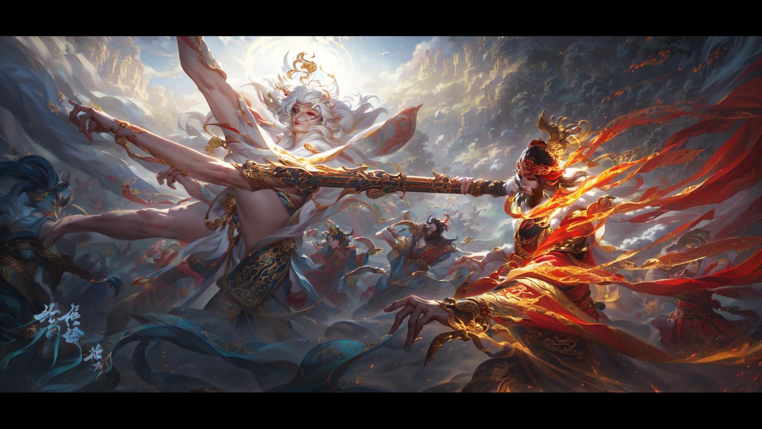 There is a painting,The painting shows a monkey attacking Buddha with fire, author:Yang J, The legendary god holds a spear, Inspired by Fenghua Zhong, Onmyoji detailed art, Game concept art, sun wukong, heise jinyao, Inspired by Chen Rong, by Qu Leilei, feng zhu concept art, bian lian