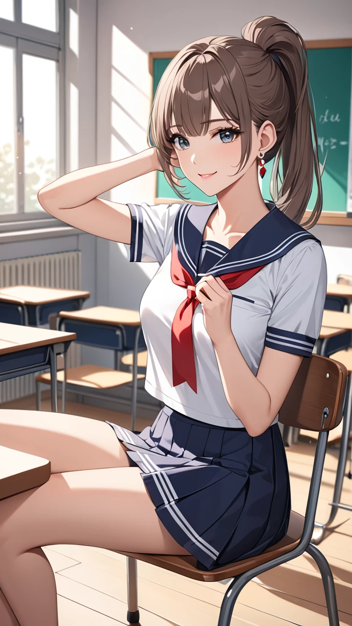Highest quality masterpiece High resolution masterpiece Brown Bob Grey Eyes, high pony tail cut, wearing sailor uniform, seductive smile, tight, sit on chair, classroom, mature female, adjusting hair, earrings,