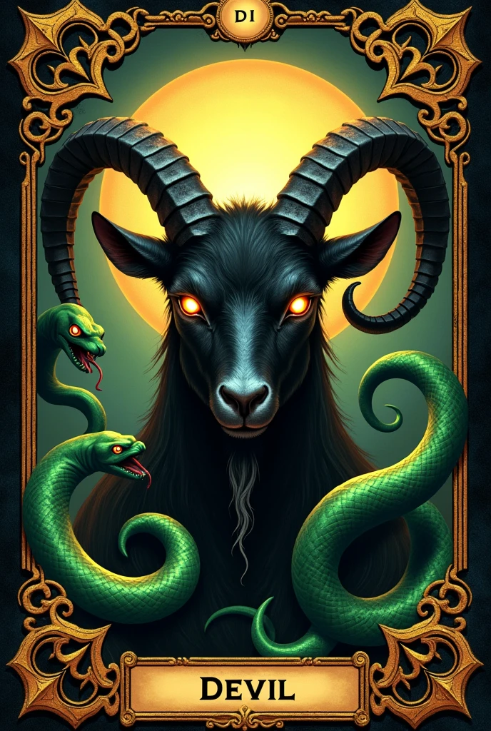 Goat Devil  black, tarot, smoking, Golden, candlelight! Silver! Card tarot! (Voodoo) Firme eyes! 8k, realist,  3 snakes green! 