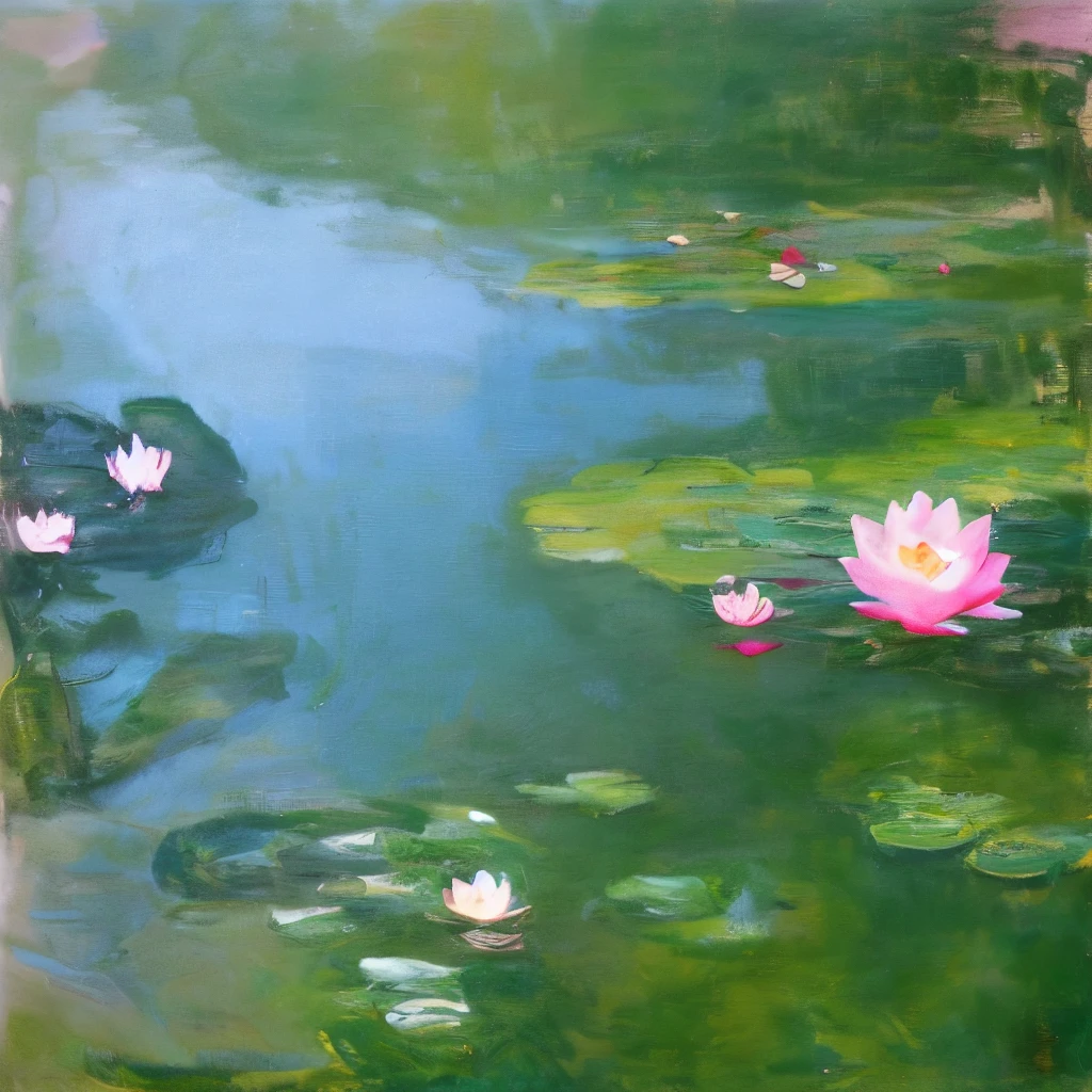 style of Claude Monet、Painting \(Moderate\), Soft Focus、The entire screen is blurred with white outlines、A lotus pond、(Lotus flower close-up:1.2)