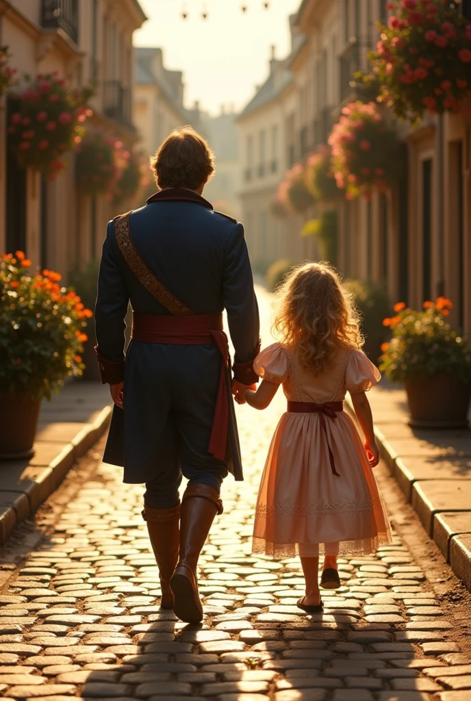 Jean Valjean walking hand in hand with Cosette. Cosette is a blonde with blue eyes and a 6--old l, and they are also seen from behind.