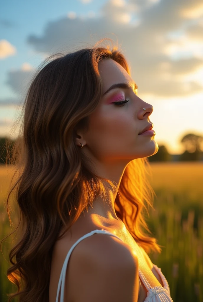 The image features a young woman with long, wavy brown hair that flows gently past her shoulders. Her skin has a warm, sun-kissed glow, highlighted by the golden sunlight. She is captured in a serene profile view, with her eyes closed and a peaceful expression on her face, creating a sense of calm and tranquility.
The makeup on her face is subtle yet elegant, with a soft shimmer on her cheekbones that accentuates her features. Her eyebrows are well-defined, and she wears a delicate shade of pink eyeshadow on her eyelids. A small, understated nose ring adds a touch of modern style to her overall look.
The background of the image is a picturesque natural landscape, with a clear blue sky dotted with a few white clouds. The setting appears to be a grassy field, as the ground is covered in green grass with some trees visible in the distance. The light and color tones suggest that the photo was taken during the golden hour, just before sunset, which adds a warm and inviting ambiance to the scene.
Overall, the image conveys a sense of peacefulness, with the woman appearing relaxed and at ease in this beautiful outdoor setting.