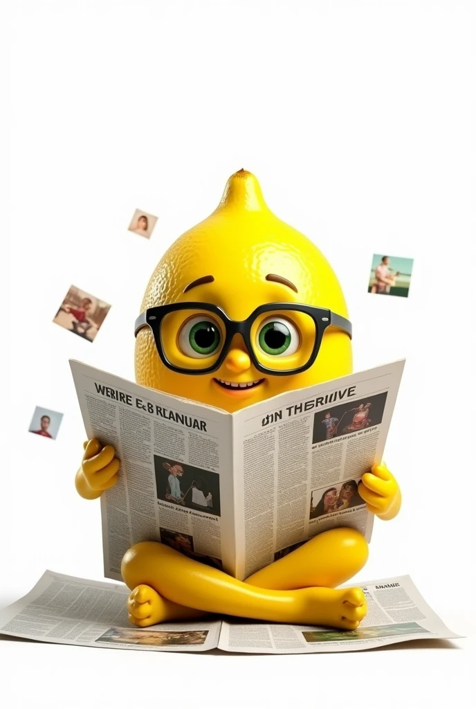 Lemon cartoon reading from a newspaper with white background